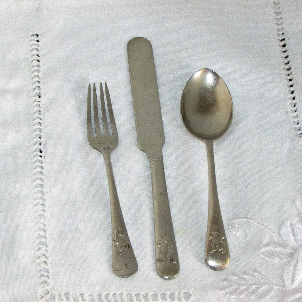 Vintage Children's Cutlery Set Nickel Silver Mid-century Collectibles Infant
